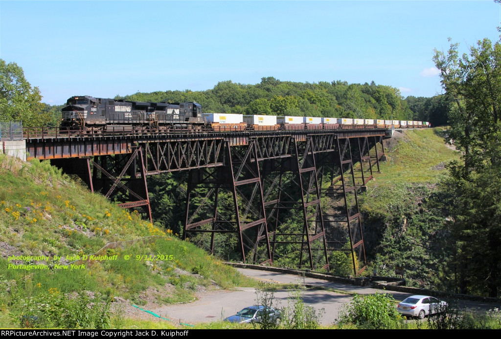 NS 9350 & 8884, with westbound 23K, on the ex-Erie 1875 Portageville trestle, on the NS Southern Tier at Portageville, New York.  September 11, 2015 